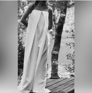Zara Off White Wide Leg Jumpsuit Flowing Silhouette SZ L
